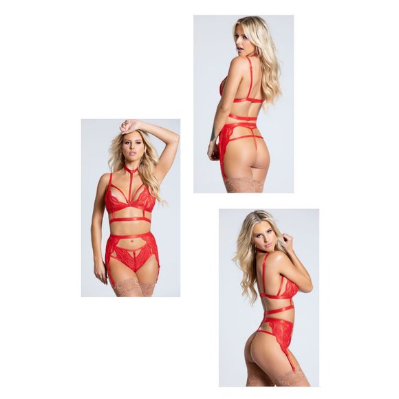 NWT Starline Red Strappy Halter Bralette And Garter 3 Piece Set Sz M/L - Picture 1 of 10